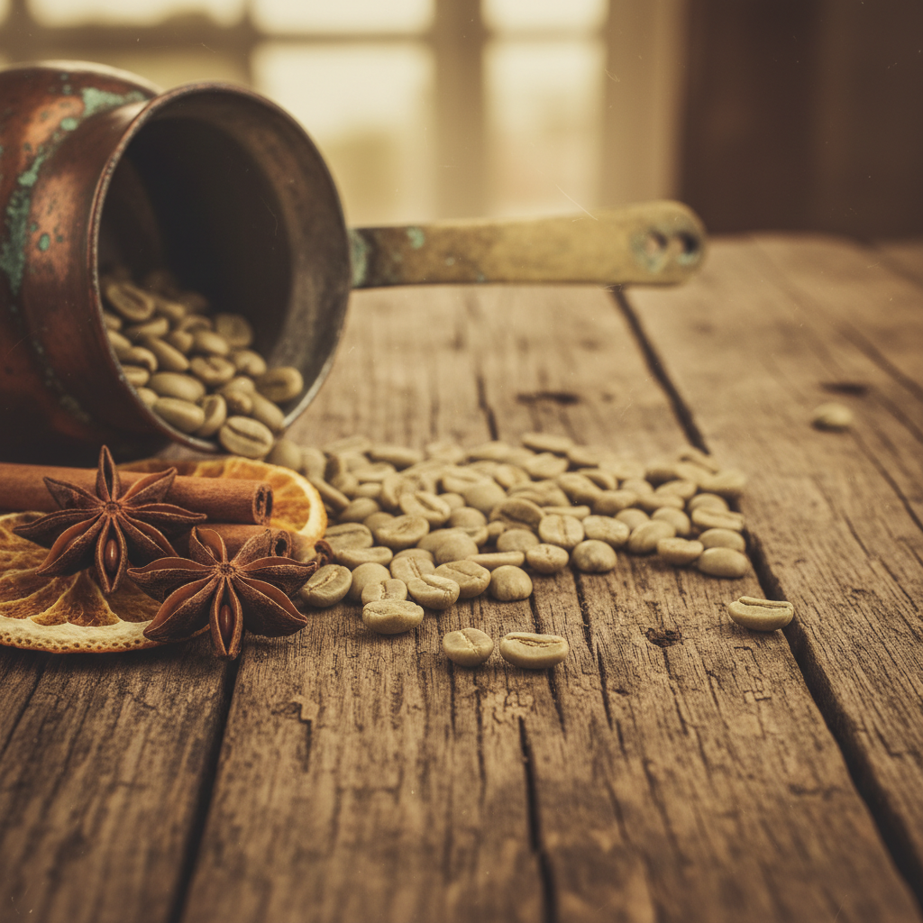 Zelená káva rozsypaná na stole s kořením